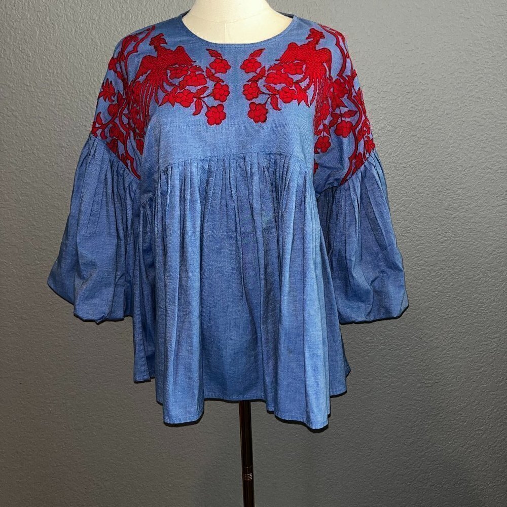 ANTHROPOLOGIE HEMANT & NANDITA LIANNA Embroidered Phoenix Red & Blue top- EUC XS
